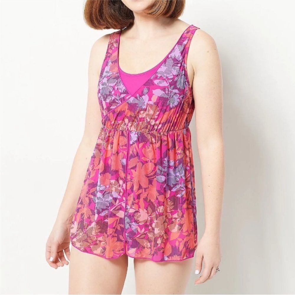 Denim & Co Beach Layered Swim Dress Fuchsia Sz 22